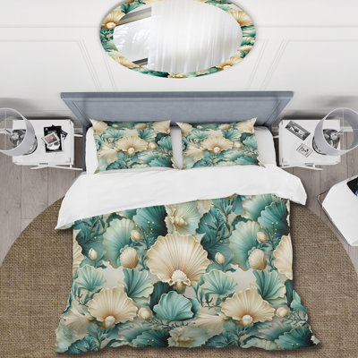 White And Teal Coastal Vintage Seashells Bedding