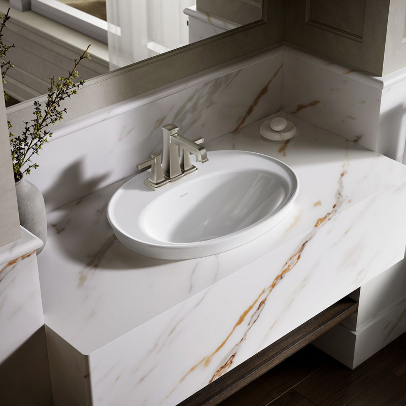 Serif Ceramic Oval Drop-In Bathroom Sink with Overflow, 4'' Centerset, White