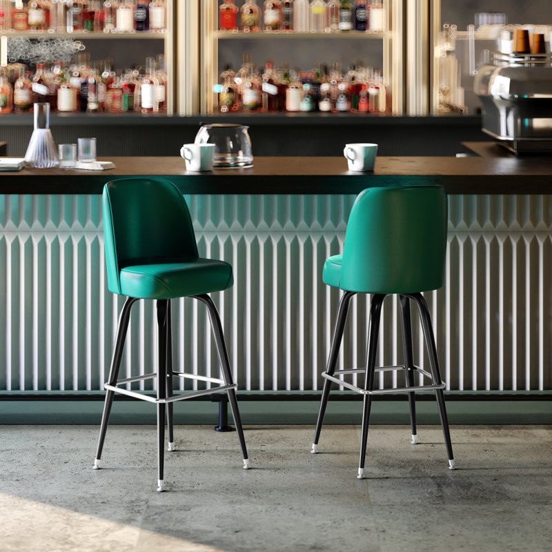 James Metal Barstool with Swivel Vinyl Upholstered Bucket Seat and Footrest, 2, Green