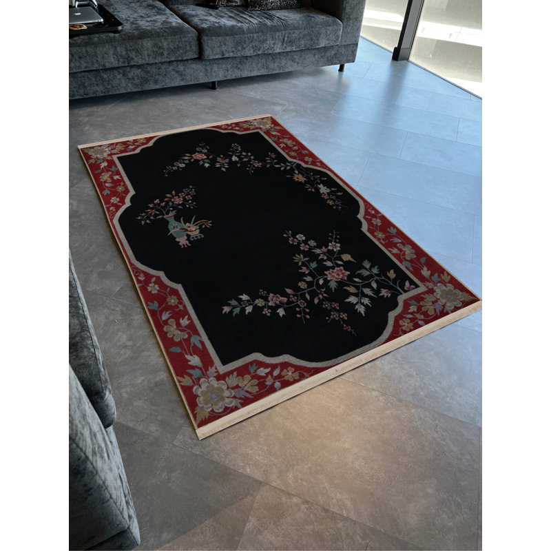 Tapis décoratif rétro à motif floral noir et rouge, Tapis de couloir 3 pi 4 po x 9 pi 11 po