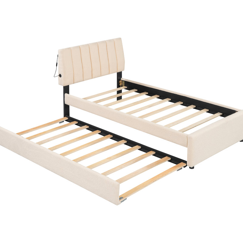 Lit plateforme simple tapissier avec gigogne en molleton beige envoûtant, Lit simple, Beige
