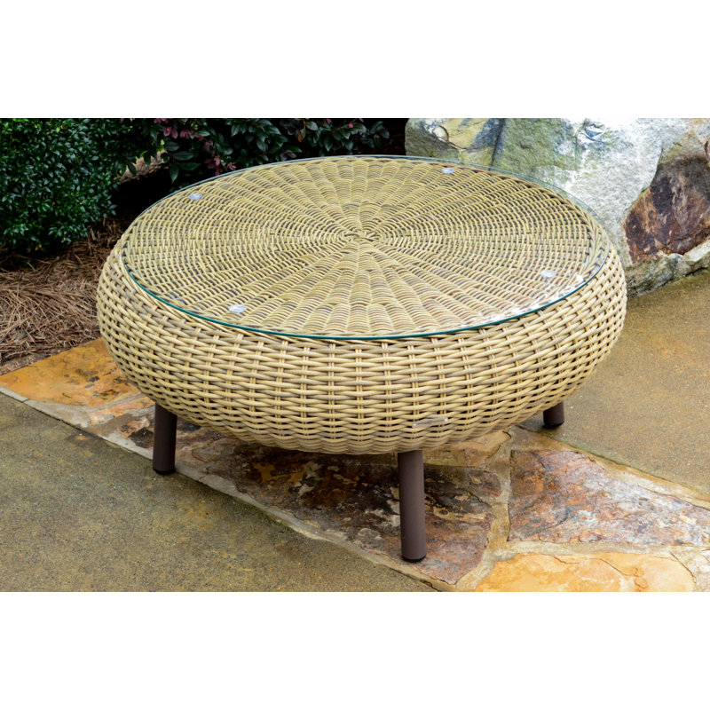 Round Outdoor Wicker Coffee Table with Tempered Glass Top - 34" Diameter, Driftwood