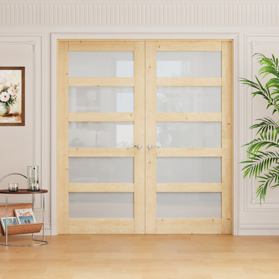 Intérieur: porte en bois de pin et verre givré 5-Lite, portes françaises doubles en bois massif naturel Colonial, verre trempé certifié SGCC, cadre en bois de pin et quincaillerie en nickel satiné - levier de porte d'intimité avec serrure, loquet et charnières, non fini et à peindre, 72 po x 80 po