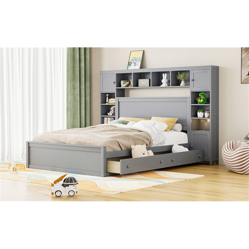 Grand lit en bois avec armoire, tablette et prises tout-en-un, Grey