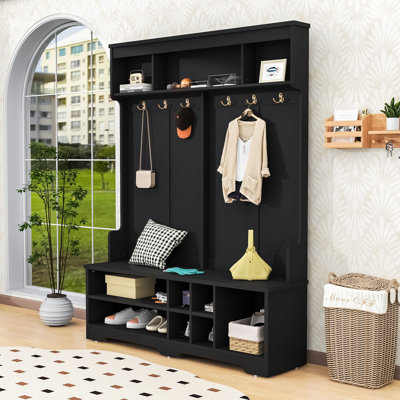 Arbre d'entrée moderne avec banc, rangement pour chaussures, crochets en métal et tablettes supérieures
