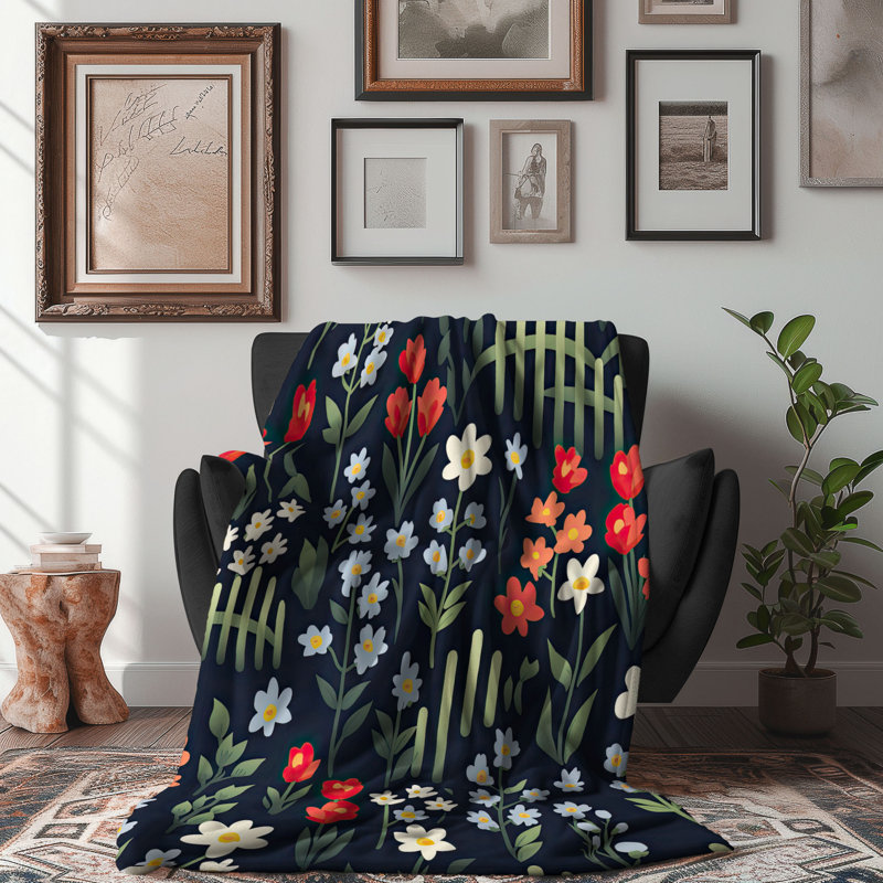 Picket Petal Paradise - jeté Sherpa Bla 1 pièce de qualité supérieure, 50 po x 60 po