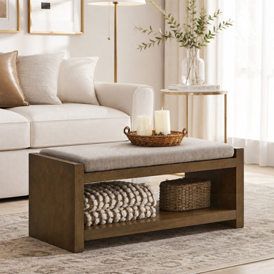 Banc d'appoint moderne en lin avec tablette de rangement inférieure et coussin amovible pour des solutions d'assise polyvalentes à la maison