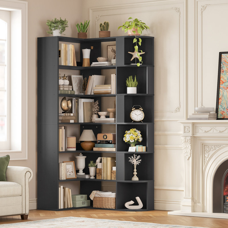 Bibliothèque de coin 72 "H 72" avec cloisons, grand support de rangement à 6 niveaux pour salon, bureau à domicile