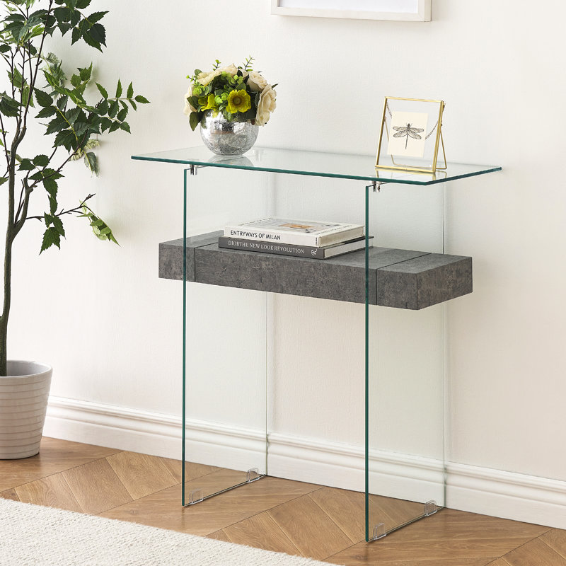 Tempered Glass Console Table with Shelf, Gray, 31.5"H x 31.5"W x 13.8"D