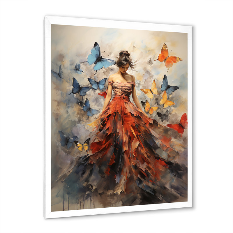 Papillon et femme dansant I - art mural papillon, H 44 po x l 34 po, Cadre photo unique, Blanc
