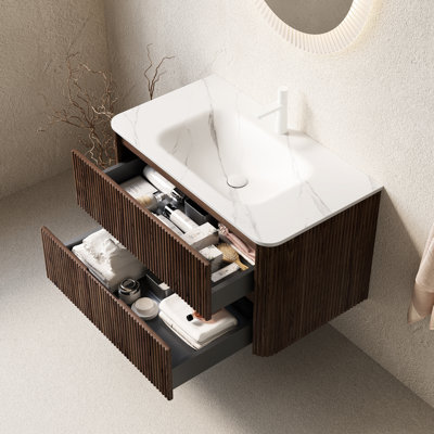 Meuble-lavabo 36 po avec noyer rétro, lavabo chaud en pierre frittée blanche, armoire 2 tiroirs en contreplaqué flottant, meuble-lavabo facile à assembler, rangement, texture, conception murale