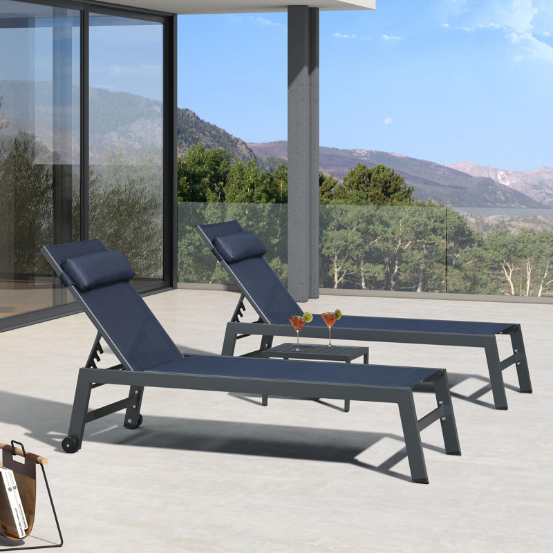 Outdoor Lounge Chair Set Aluminum Patio Chaise Lounger Set Of 3 With Wheel And Pillow, Navy Blue