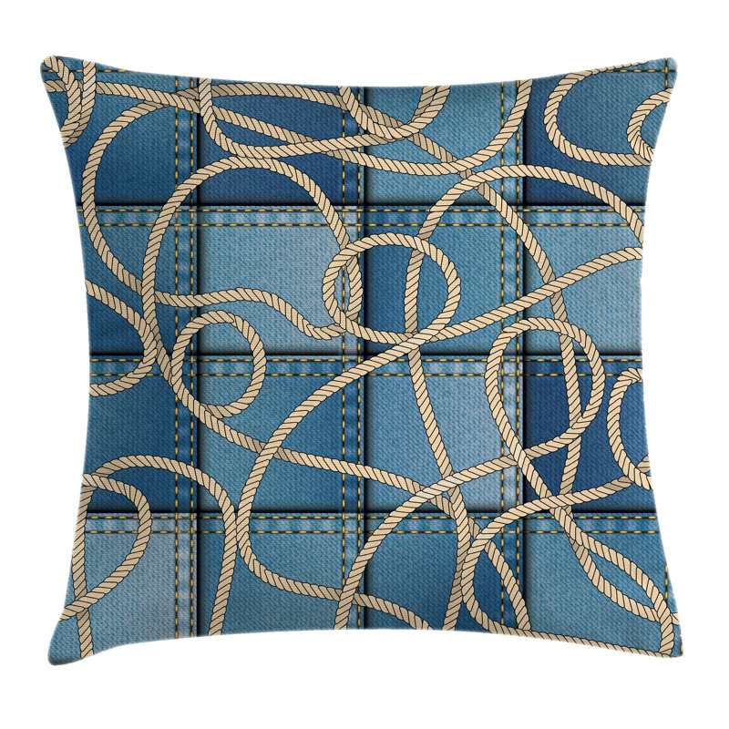 Denim Patchwork Rope Square Pillow Cover, 16" x 16"