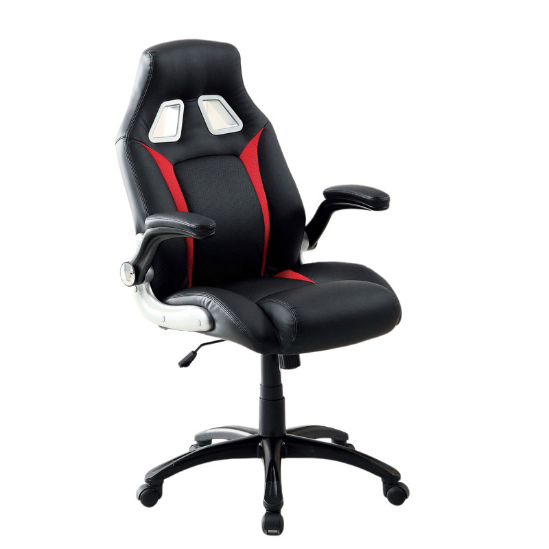 Chaise avec accoudoirs contemporaine rembourrée pour le travail de bureau, noire avec des accents argentés et rouges, réglable en hauteur, avec pieds réglables et confort