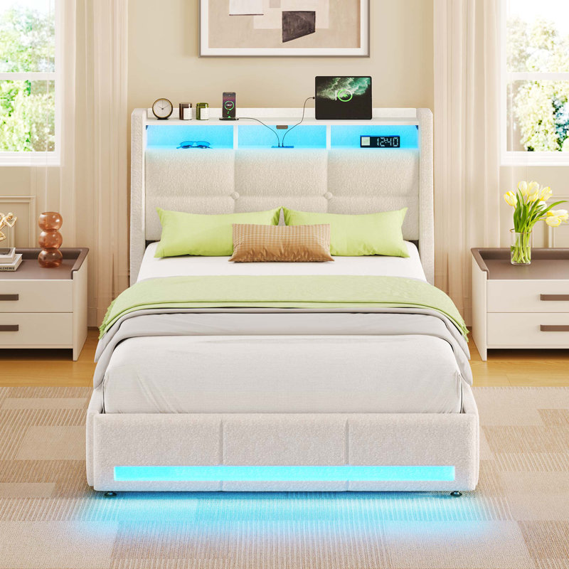 Upholstered Platform Bed Frame with Wingback Headboard, LED Lights & 4 Storage Drawers, White, Twin/Single