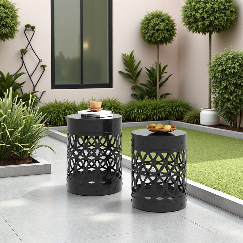 Outdoor Metal S/2 End Table, Black