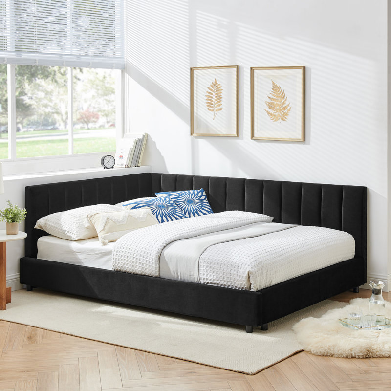 Lit de jour double confortable et confortable avec accoudoirs en velours noir pour le revêtement de la chambre à coucher,