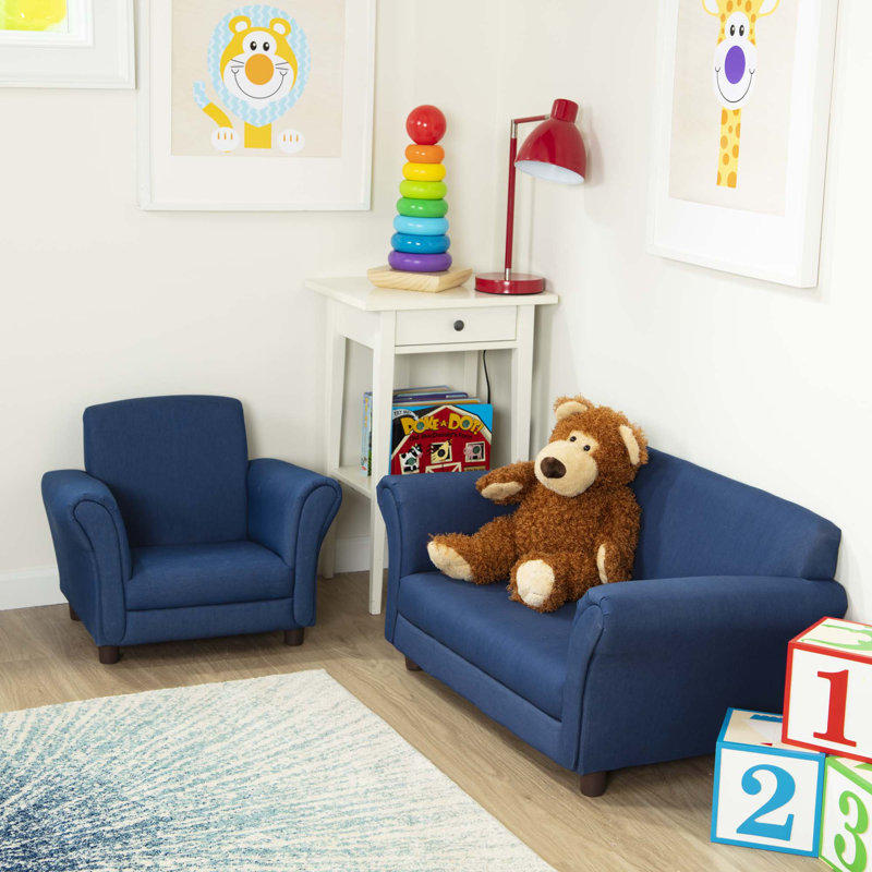 Denim Blue Fabric Child's Armchair with Wooden Legs