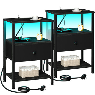 39cm W LED Bedside Tables Set of 2 with Drawer, AC Outlets and USB Ports