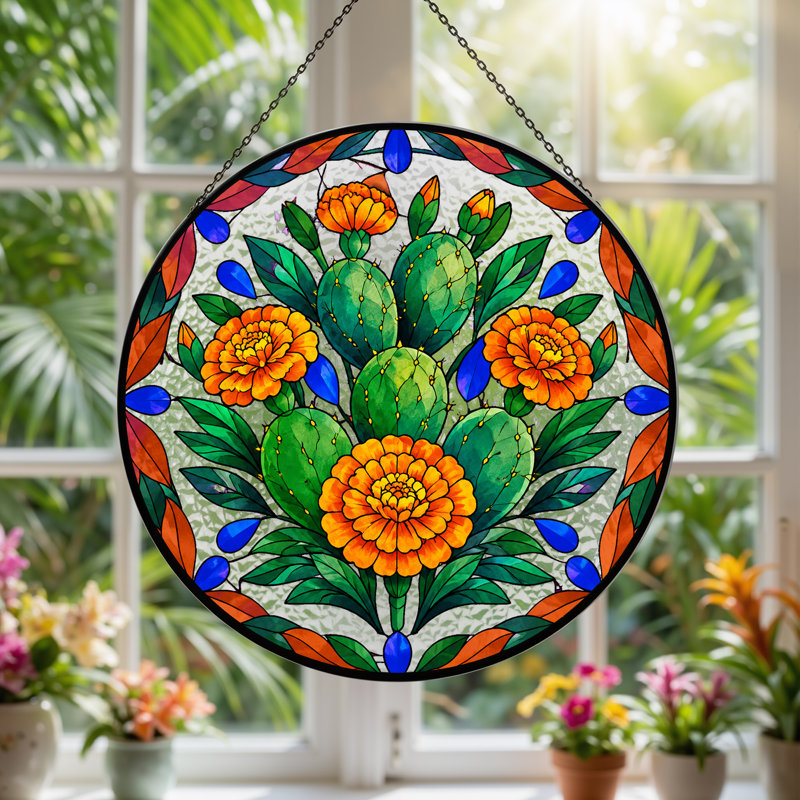 Cactus vert et souci orange, vitrail sur toile, cercle, H 12 po