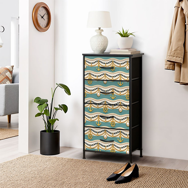 Commode 4 tiroirs pour chambre à coucher, commode étroite, plateau en bois et structure en fer 18 "x37,5" - (lxH) - Avec ancres à thème nautique