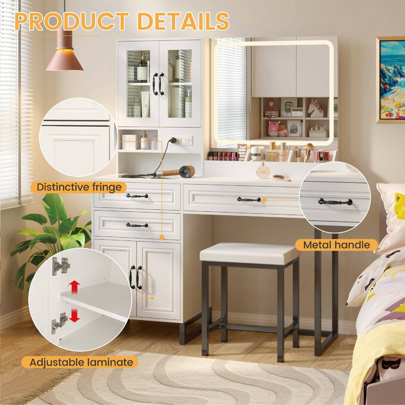 43"Wide Makeup Vanity Set With Light and Mirror and Power Outlet, White/Black
