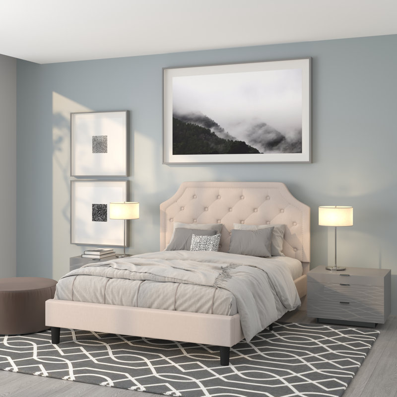 Base de lit plateforme tapissier arquée avec capitonnage Aluino - Aucun sommier tapissier requis, Beige, Grand