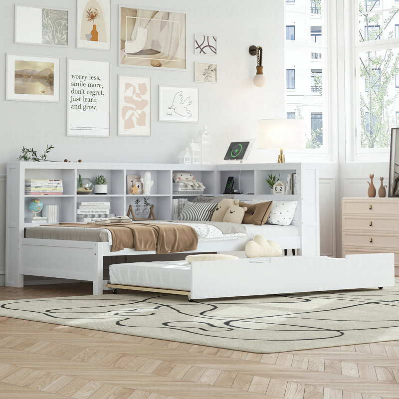 Wooden Twin Size DayBed with Twin Trundle, DayBed with Storage Shelf and USB Charging Ports,White, Twin, White