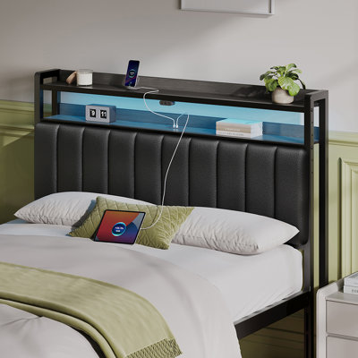 Storage Upholstered Headboard With RGB LED Lights & Charging Station