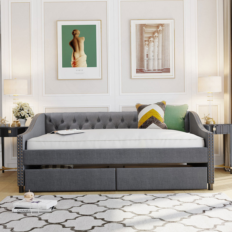 Upholstered daybed with Two Drawers, Wood Slat Support