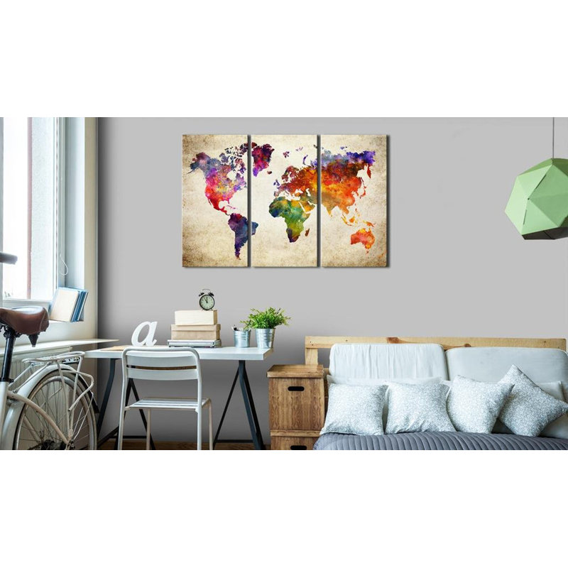 Carte du monde à l'aquarelle, 3 pièces, H 24 po x l 36 po x P 0,7 po