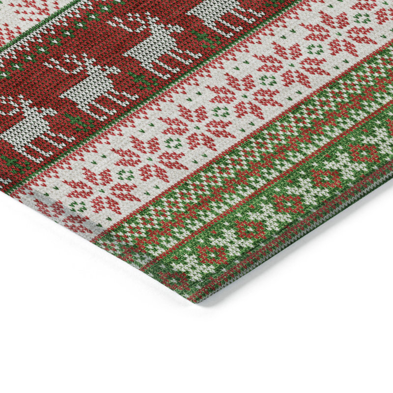 Machine Washable Indoor/Outdoor Christmas Reindeers Xhevrie Green Rug, Rectangle 8' x 10'