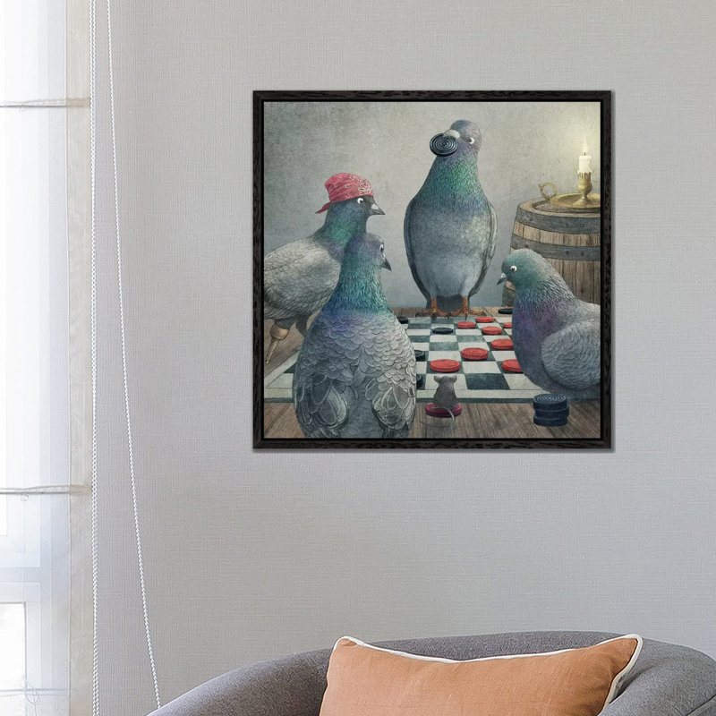 Checker Playing Pigeons by Terry Fan - Print on Canvas, 66.04 cm H x 66.04 cm W, Black Framed
