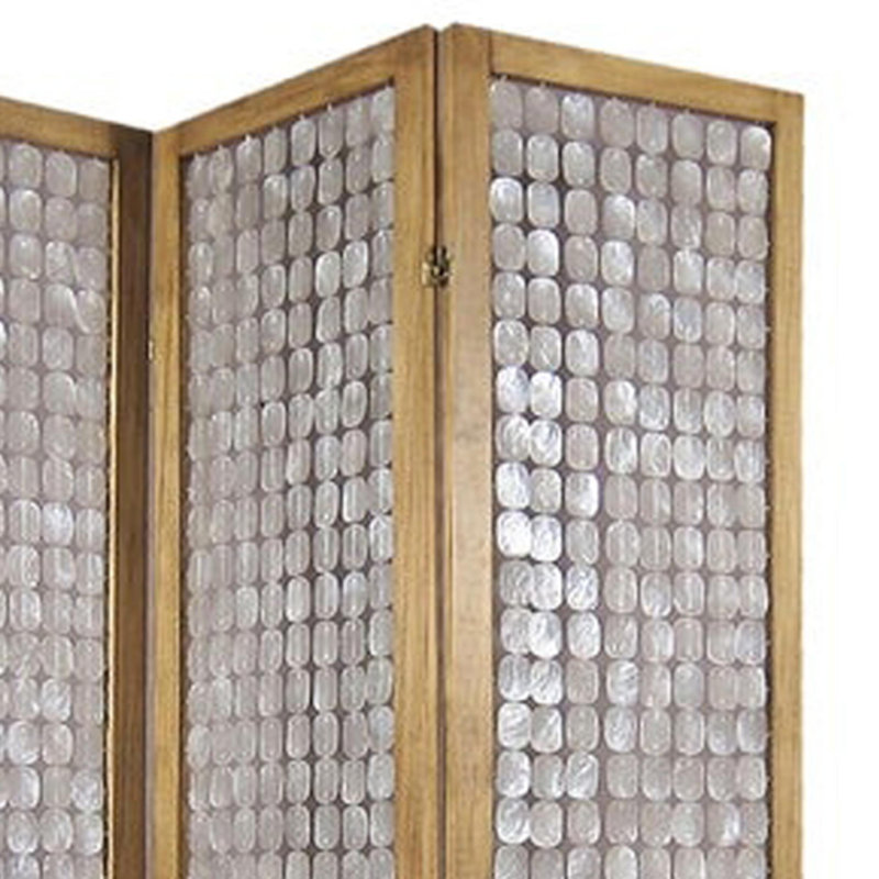 3-Panel Brown and Silver Wooden Folding Screen with Pearl Motif