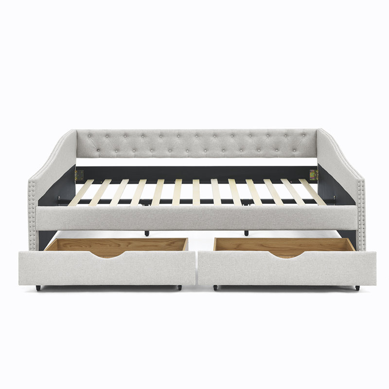 Odile Jolivue Tufted Bed, Upholstered Storage Platform Bed,Daybed with Drawers Upholstered Tufted Sofa Bed, Beige, Queen