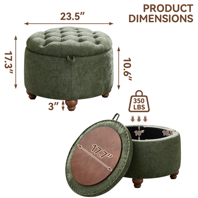 24’’ Wide Upholstered Tufted Round Storage Ottoman, Green Chenille