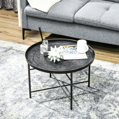 Table basse ronde de 24 po avec plateau martelé, table centrale en métal rétro pour le salon, la chambre à coucher, la table d'appoint et l'étain