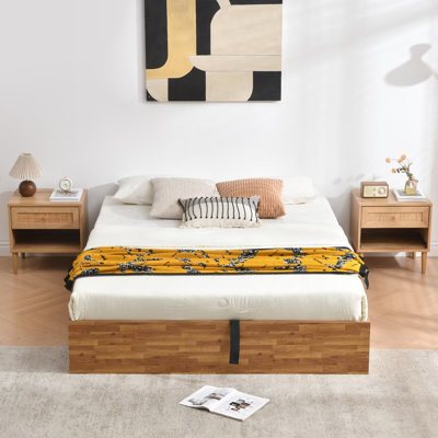 Wooden Full Bed Frame with Lift Up Storage, No Box Spring Needed, Rustic Brown