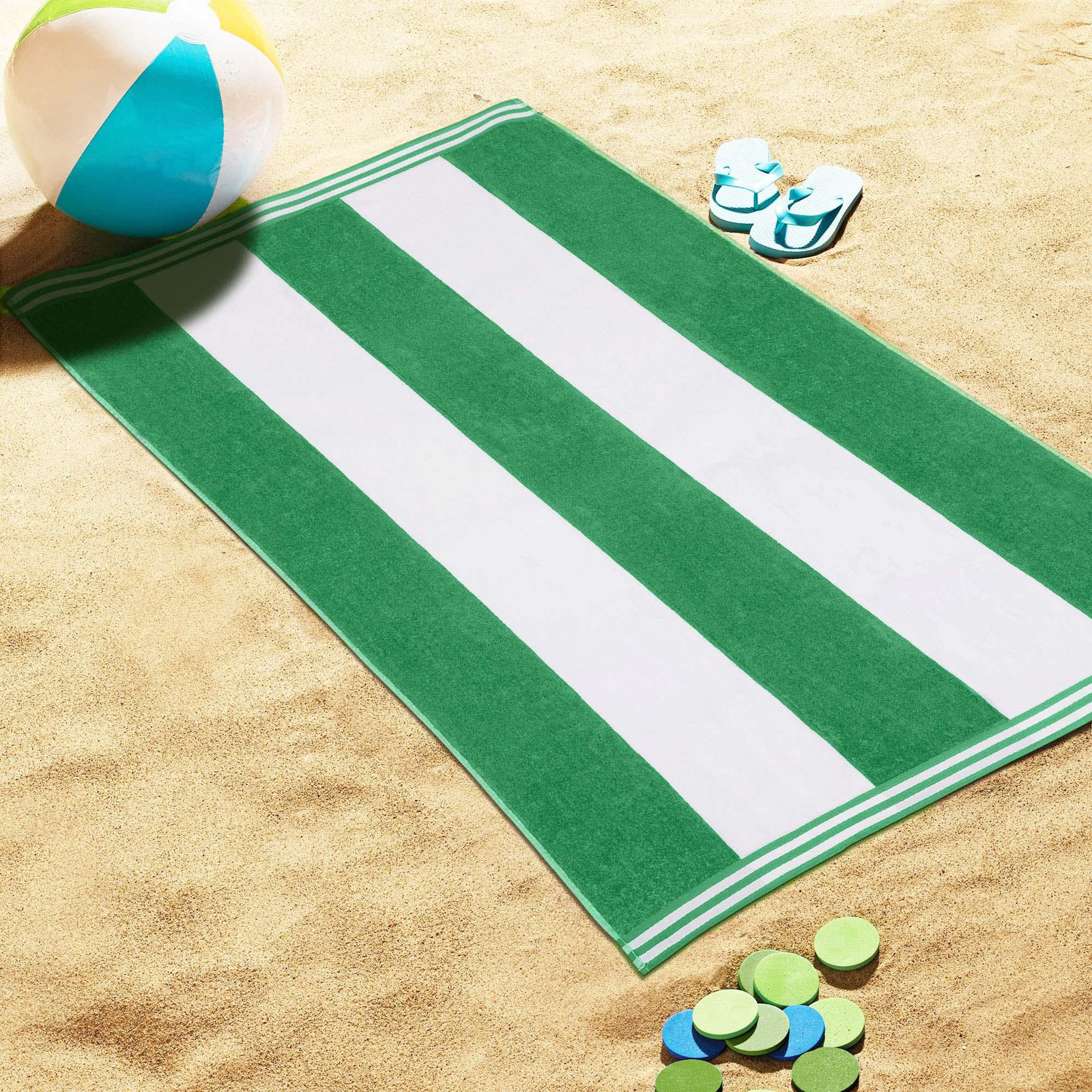 Oversized Cabana Striped Cotton Beach Towels, Dark Green, 1