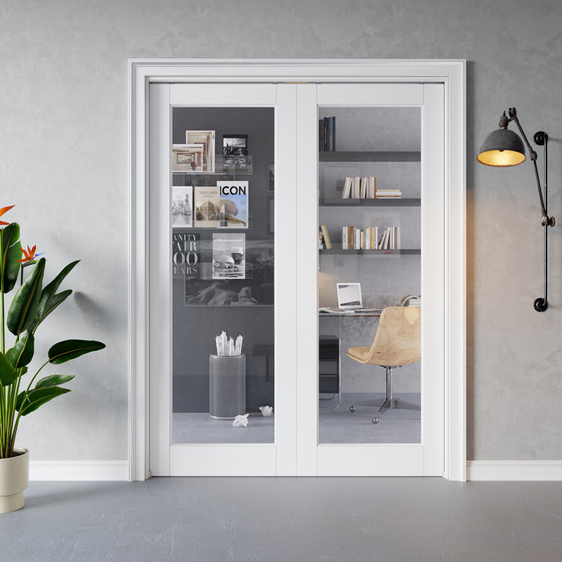 Intérieur de la porte en verre transparent 1-Lite, portes en verre trempé CARB P2 en panneau de fibres à densité moyenne et en verre trempé, avec cadre solide renforcé et trousse de quincaillerie, porte de chambre coulissante pré-finie et imperméable, teinture facile à faire soi-même pour garde-manger, chambre à coucher, salle de bain et garde-robe 72 po x 80 po