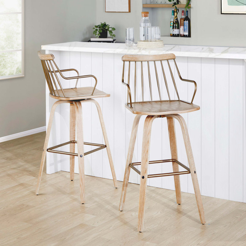 Tabouret de bar à hauteur fixe avec pivot en bois blanchi et métal cuivre antique avec repose-pieds carré en métal cuivre antique