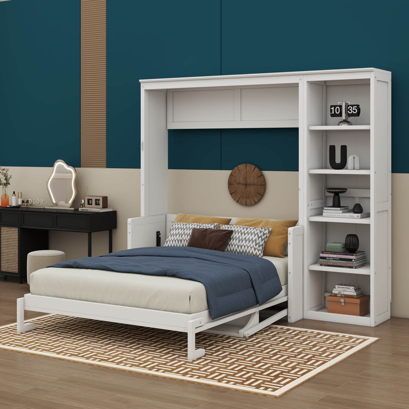 Lit escamotable avec bureau intégré et bibliothèque intégrée, Double, Blanc