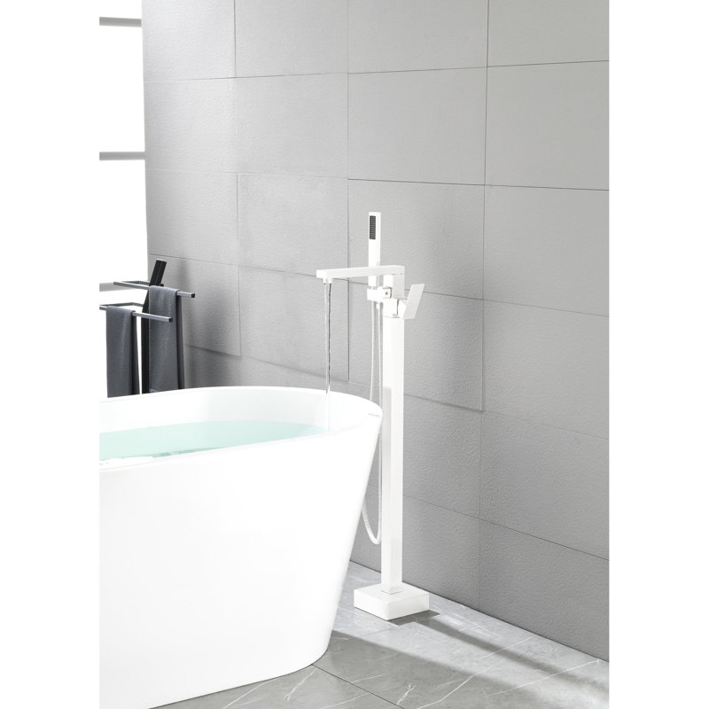 Freestanding Bathtub Faucet With 360 Degree Swiveling Spout - Brushed Nickel Floor Mount Bathroom Handheld Shower And Single Handle For Luxury Bathing Rotatable