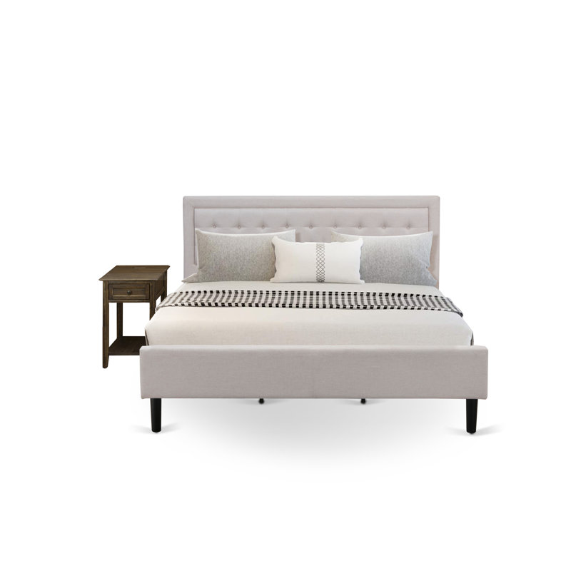 Ensemble de chambre avec très grand lit 2 pièces avec 1 lit plateforme et 1 table de chevet - Fabrication fiable et robuste - Tissu en lin beige brume