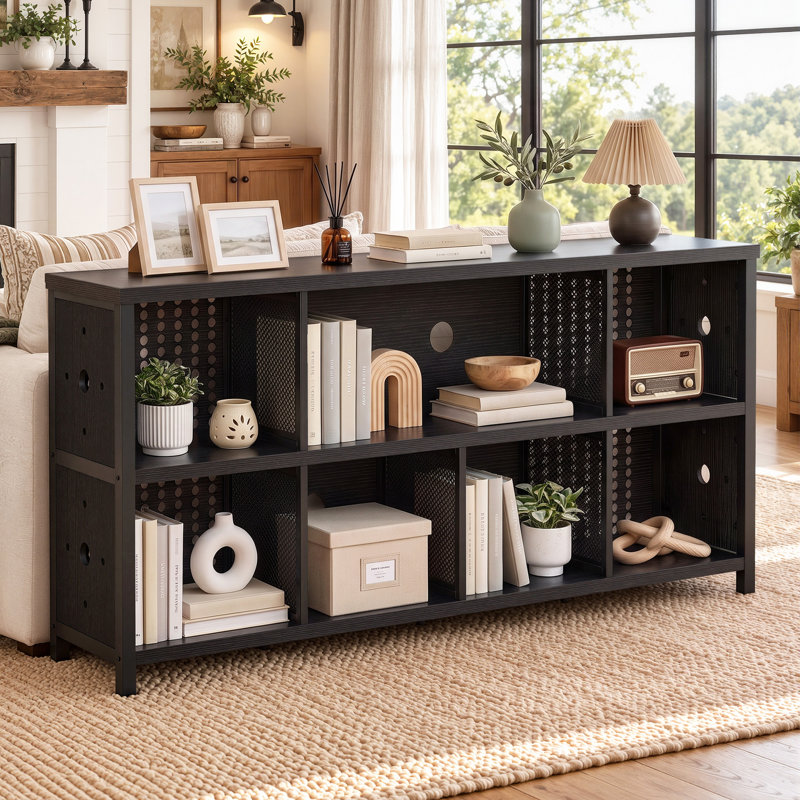 63" W Horizontal Organizer Bookshelf Standard Bookcase Industrial Long Wood Metal Book Shelf for Living Room and Home Office