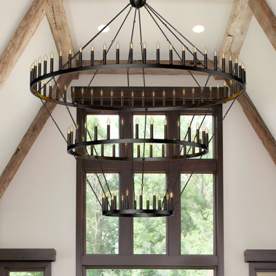 104-Light Black Wagon Wheel Chandelier, Adjustable Farmhouse Ceiling Light For High Ceilings - 98.42In