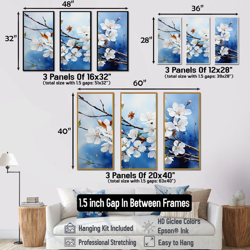 Fleurs de cerisier du Japon Azure I - ensemble de décorations murales d'art japonais, Cadre flottant doré