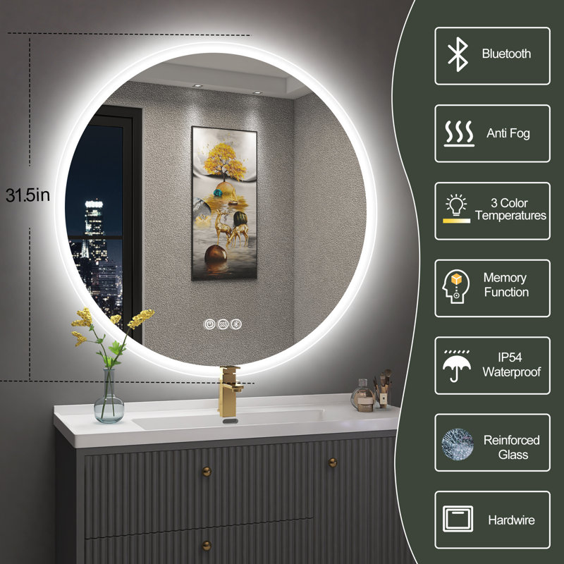 Epperly LED Round Bathroom Mirror with Bluetooth Dimmable Brightness Anti-fog Function, 32" x 32"