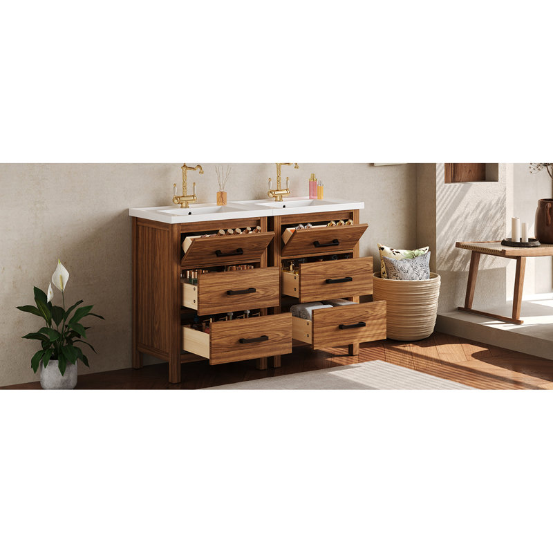 Meuble-lavabo 48 po avec lavabo en céramique, finition bois naturel, 6 tiroirs pour fournitures 48,8 po