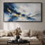 Très grande impression sur toile encadrée abstraite contemporaine bleu marine, blanc et or-359667753-359667758